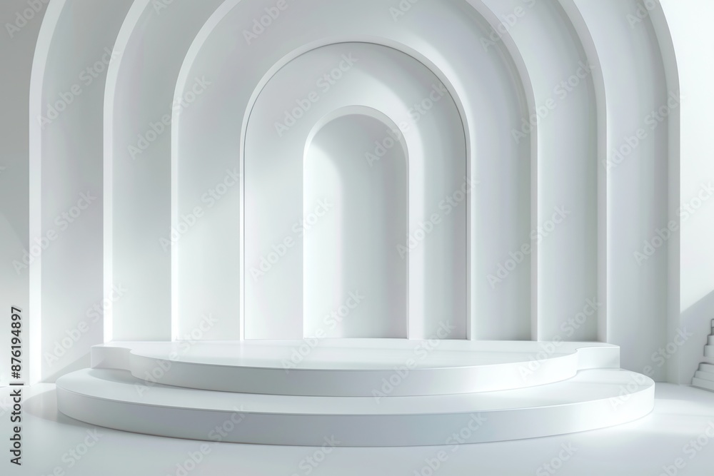 Minimalistic white architectural backdrop with curved arches and elevated platform, ideal for modern design and staging concepts. Minimalistic white architectural backdrop with curved arches and elevated platform, ideal for modern design and staging concepts.