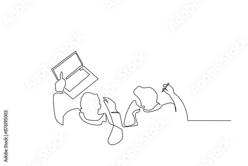 people office overhead laptop working together one line art design vector