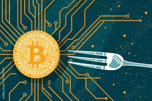 Vector Illustration of a Forked Bitcoin, Representing the Concept of Cryptocurrency Divergence and Blockchain Evolution, Suited for Fintech and Investment Themed Graphics photo