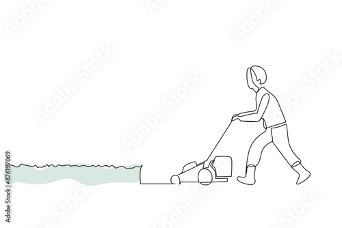 man person garden grass lawn mower work one line art design vector