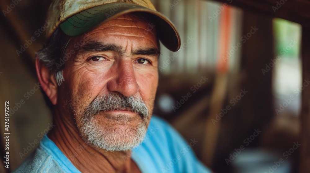 A farmer, wearing a blue shirt and a baseball cap, looks directly at the camera A farmer, wearing a blue shirt and a baseball cap, looks directly at the camera