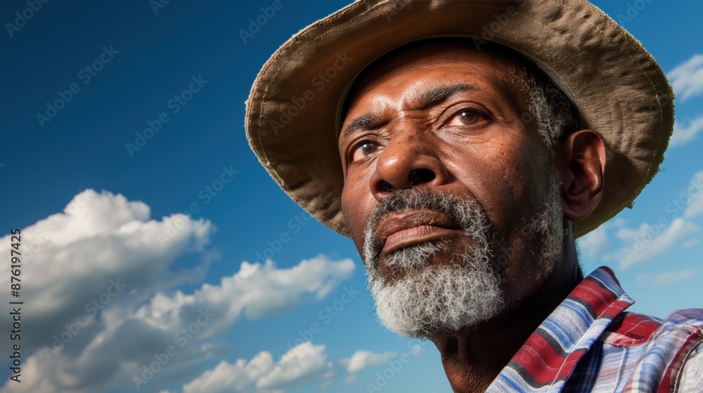 A Black farmer looks up at the sky with a thoughtful expression A Black farmer looks up at the sky with a thoughtful expression