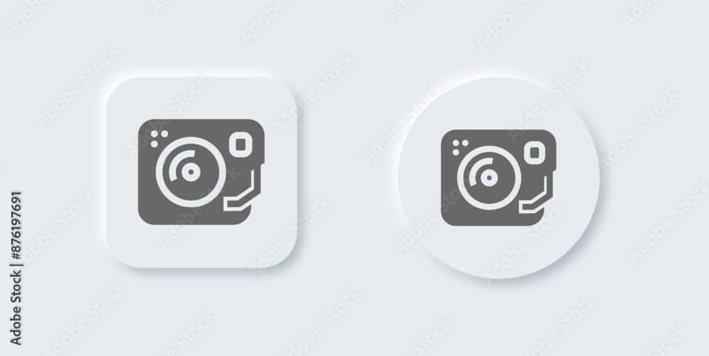 Turntable solid icon in neomorphic design style. Dj signs vector illustration. Turntable solid icon in neomorphic design style. Dj signs vector illustration.