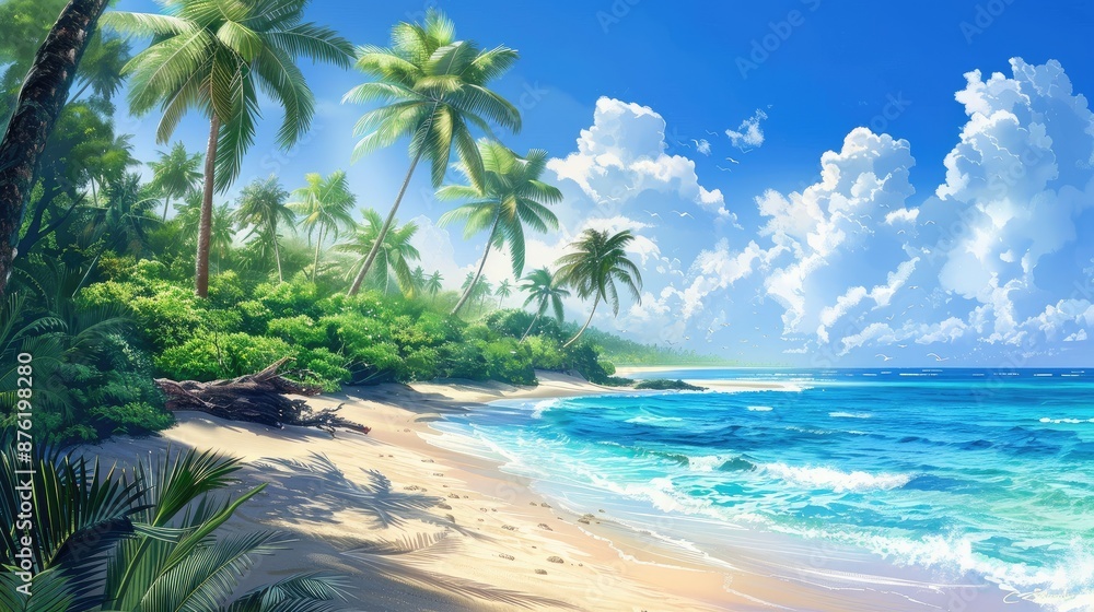 Tropical palm trees on sandy shoreline Tropical palm trees on sandy shoreline