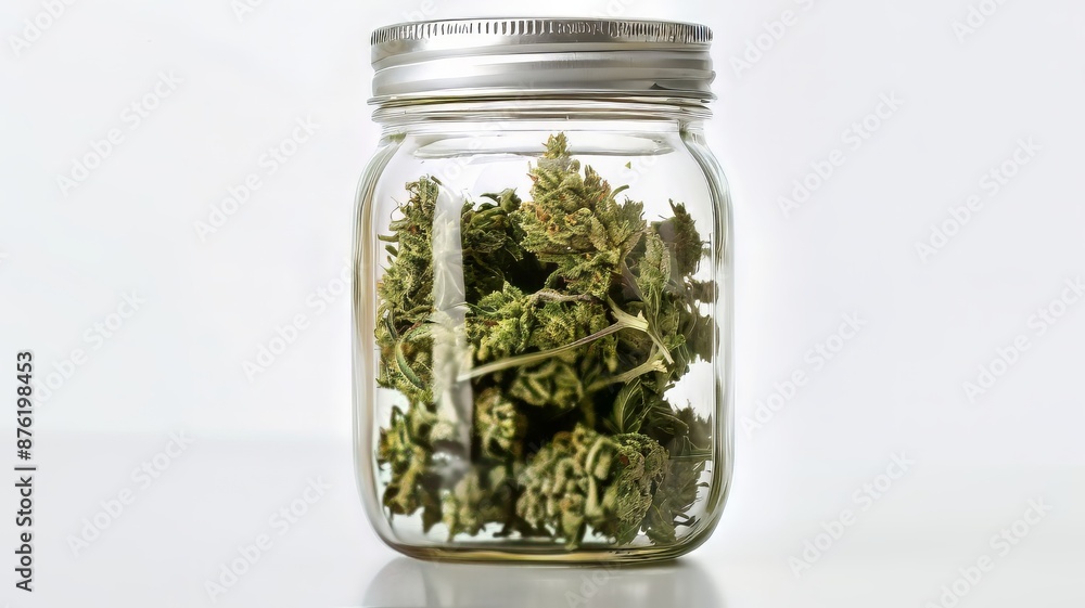 Close-up of a jar filled with marijuana buds on a white Close-up of a jar filled with marijuana buds on a white