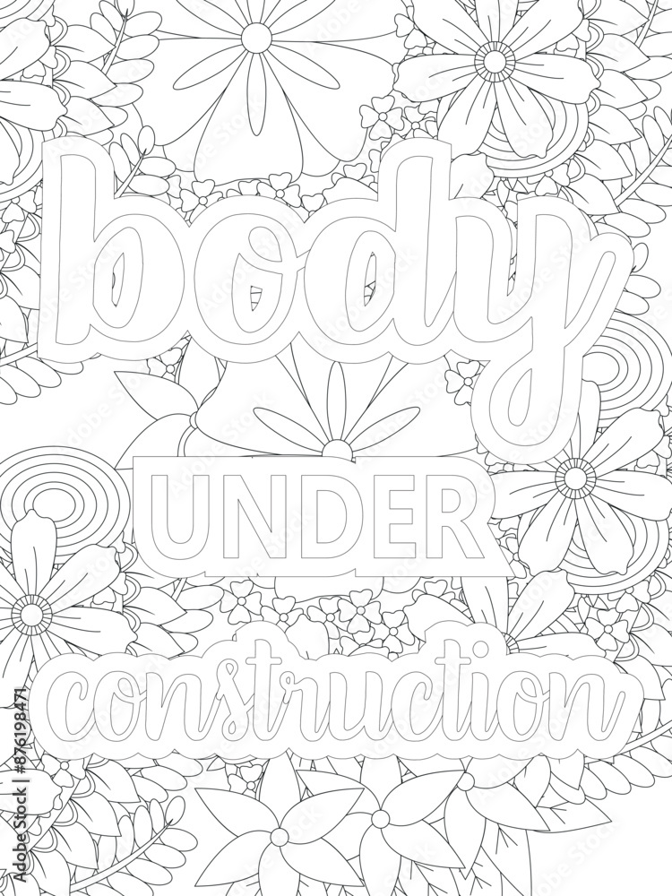 Fototapeta premium Gym Quotes Flower Coloring Page Beautiful black and white illustration for adult coloring book