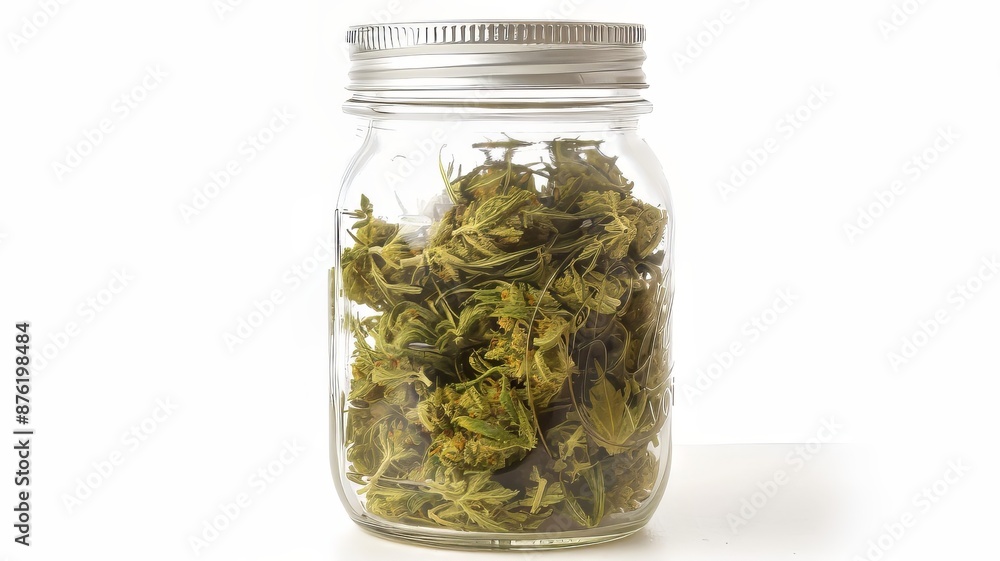 Close-up of a jar filled with dried cannabis buds Close-up of a jar filled with dried cannabis buds