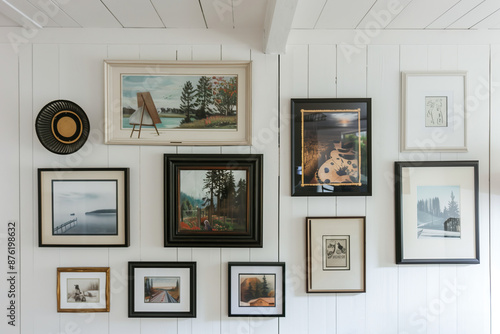 A white wall features a curated collection of framed landscape paintings, showcasing various scenery and perspectives