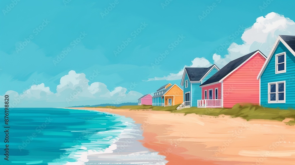 Illustrate coastal getaways with colorful scenes of beachfronts and bustling boardwalks. Clean and Clear Color, Realistic Photo, , Minimalism, Illustrate coastal getaways with colorful scenes of beachfronts and bustling boardwalks. Clean and Clear Color, Realistic Photo, , Minimalism,