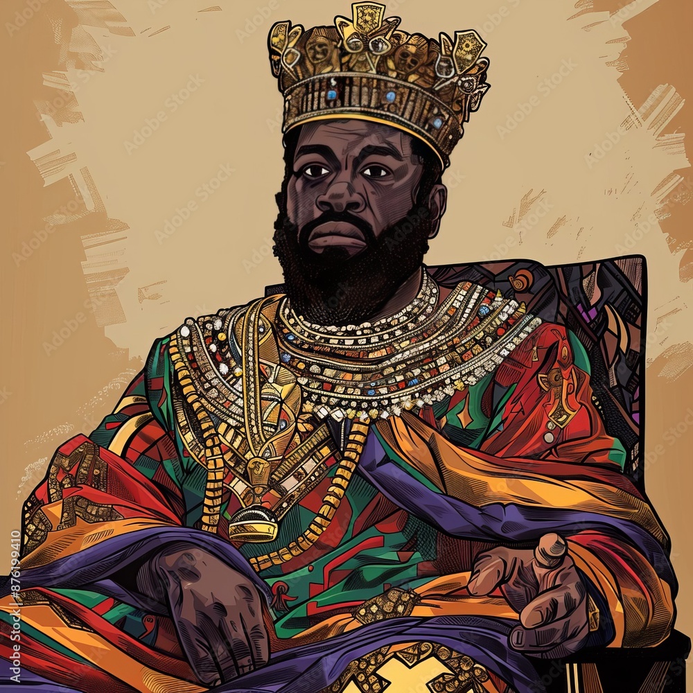 Obraz premium Portrait of an African King in Traditional Attire and Crown