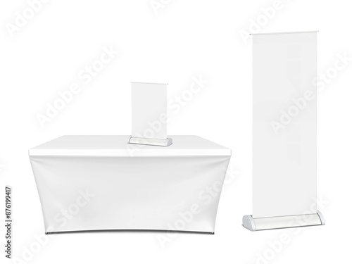 Exhibition set template. Tradeshow table with blank stretch cover for brand design with blank floor and countertop roll-up retractable banner stands. Mockup. Trade show booth kit. Vector mock-up