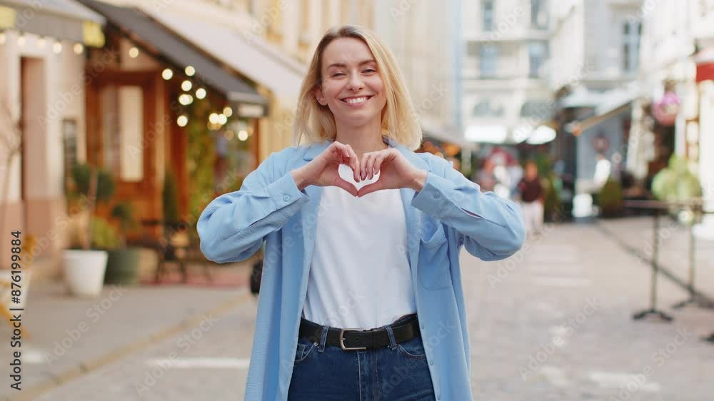 I love you. Caucasian woman makes symbol of love, showing heart sign to camera, express romantic feelings express sincere positive feelings. Charity, gratitude, donation. Outdoors in urban city street I love you. Caucasian woman makes symbol of love, showing heart sign to camera, express romantic feelings express sincere positive feelings. Charity, gratitude, donation. Outdoors in urban city street