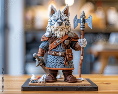 A 3D rendering of a cartoon wolf wearing a suit of armor and wielding an axe. photo