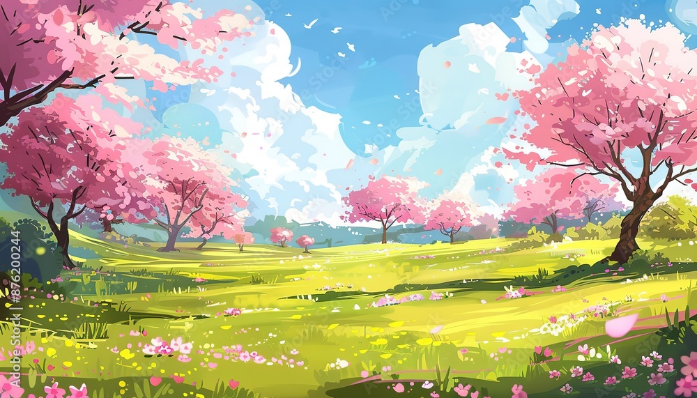 Fototapeta premium Spring sunny day, flowers field, blossom field, blossom trees, sakura trees anime style