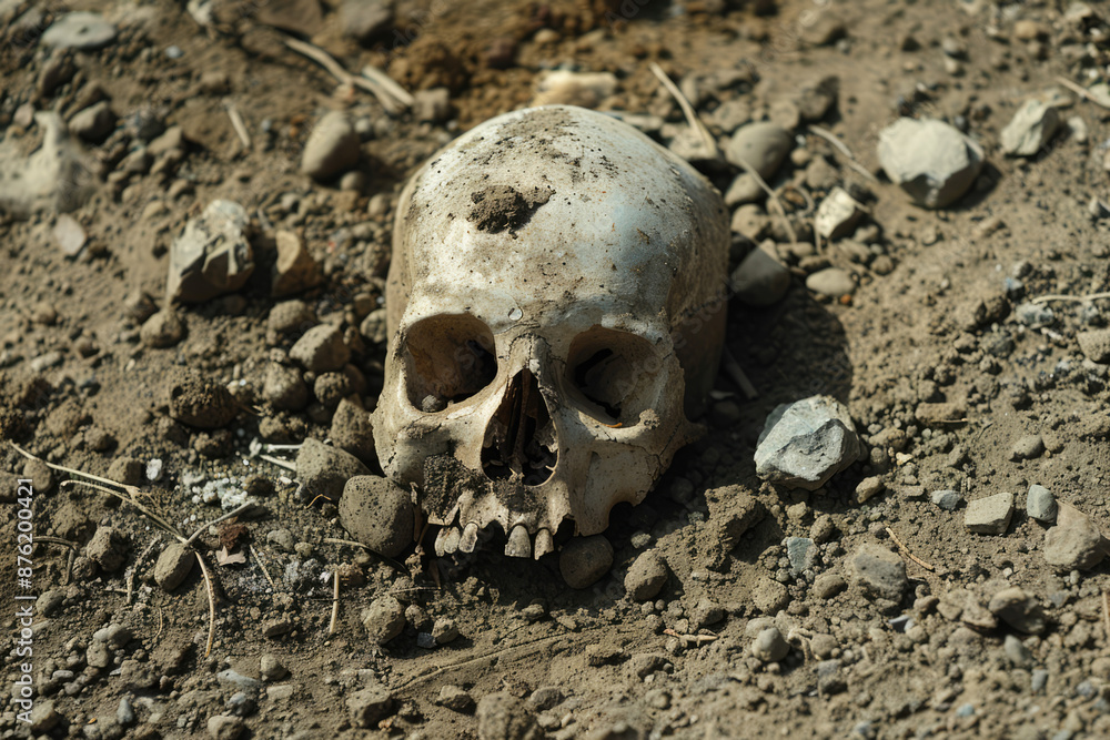 a skull is laying on the ground with a few small rocks a skull is laying on the ground with a few small rocks