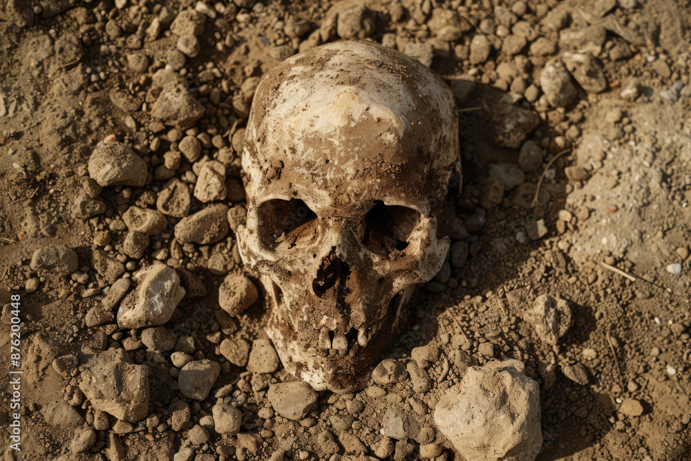 a skull is laying on the ground with a few small rocks a skull is laying on the ground with a few small rocks