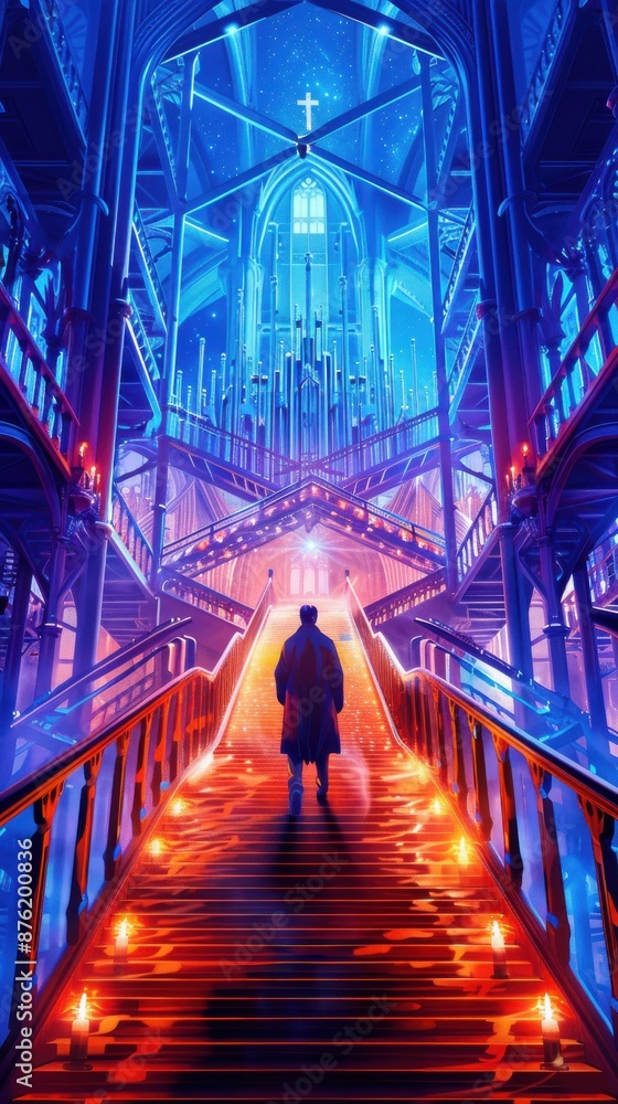 The image shows a dark figure walking through a long, brightly lit corridor The image shows a dark figure walking through a long, brightly lit corridor