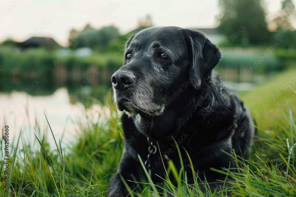 Aging black Labrador Retriever lying on fresh green grass Aging black Labrador Retriever lying on fresh green grass