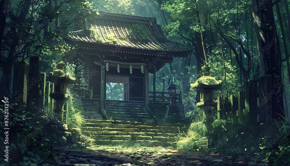 anime of a secluded shrine hidden deep within a mystical forest. anime of a secluded shrine hidden deep within a mystical forest.