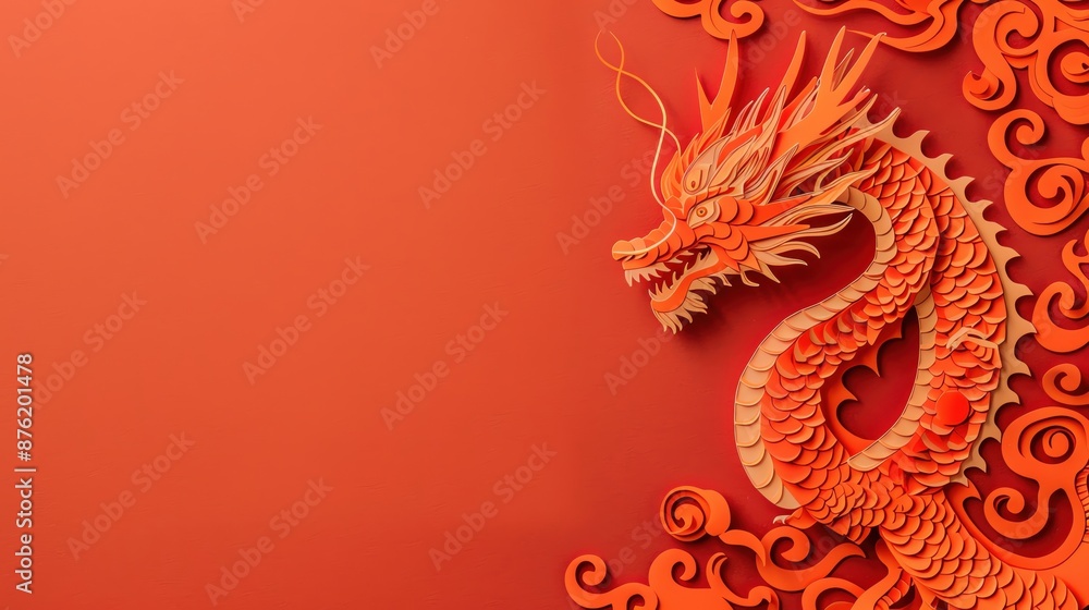Abstract dragon and flames in cutout paper style, Cutout paper background, Fierce and fantastical Abstract dragon and flames in cutout paper style, Cutout paper background, Fierce and fantastical