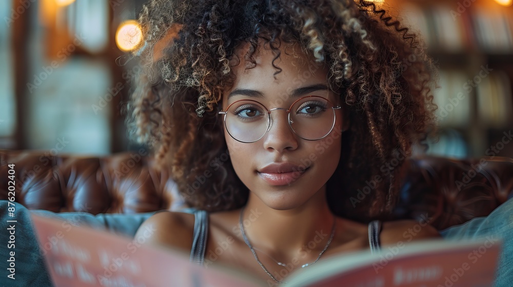 Young woman with curly hair and glasses reading a book in a cozy library. Warm lighting and focused expression. Relaxing and studious atmosphere. Young woman with curly hair and glasses reading a book in a cozy library. Warm lighting and focused expression. Relaxing and studious atmosphere.