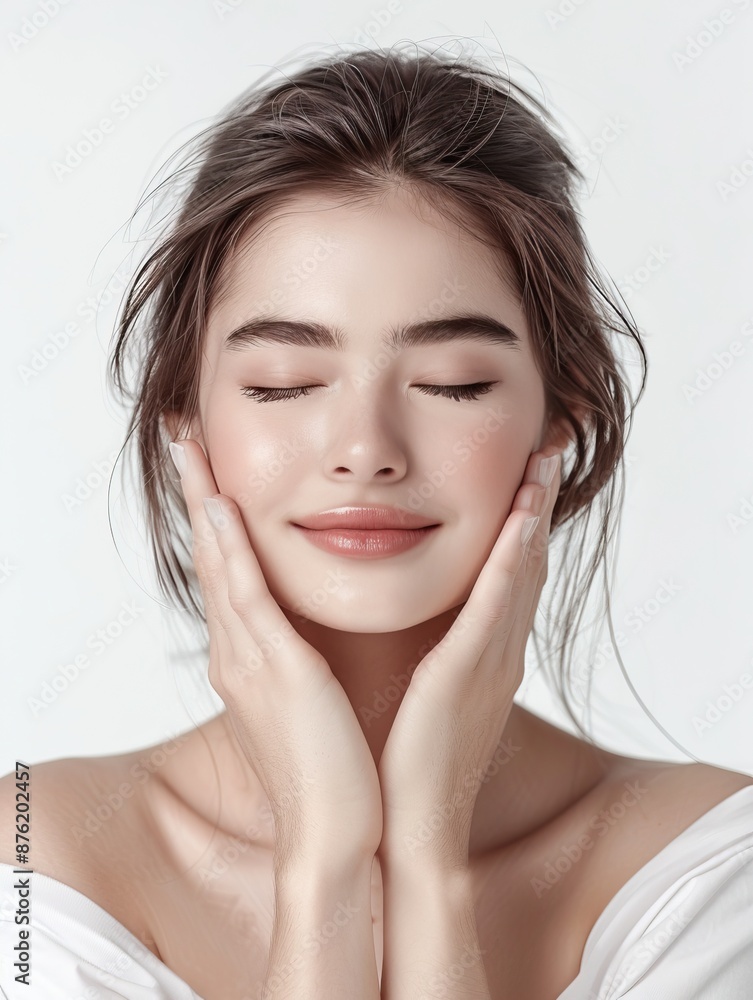 Portrait of a woman with a serene expression, isolated on white background, gently touching her face with both hands. Beauty and skincare concept. Portrait of a woman with a serene expression, isolated on white background, gently touching her face with both hands. Beauty and skincare concept.