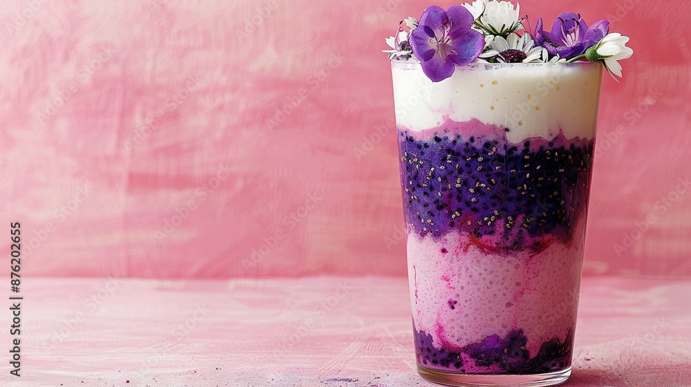 A tall glass brimming with purple and white liquid, topped with blooming flowers against a pink backdrop A tall glass brimming with purple and white liquid, topped with blooming flowers against a pink backdrop
