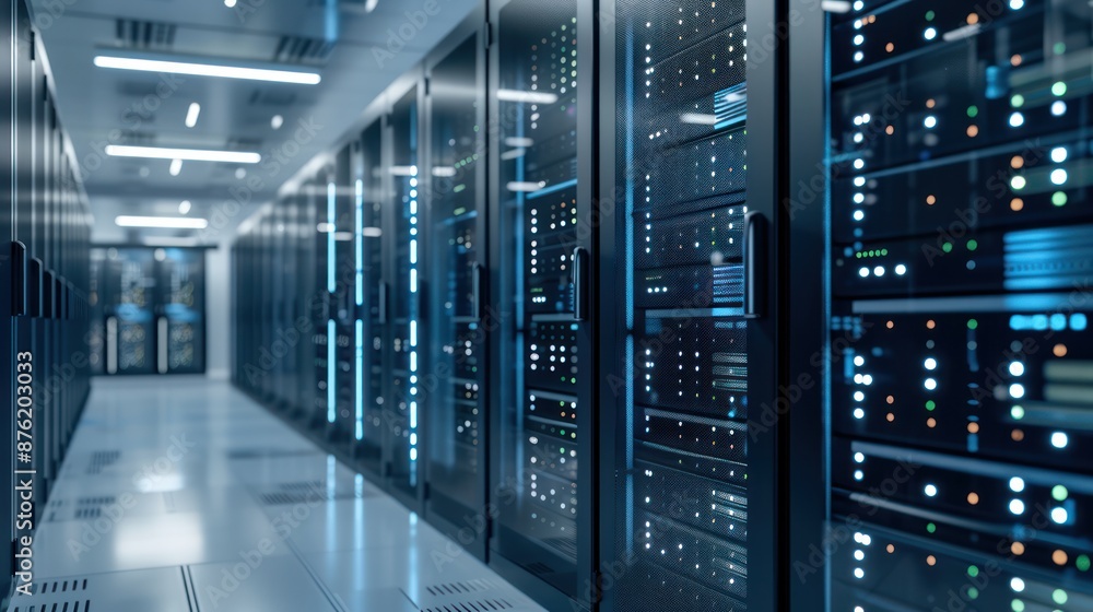 The image shows a modern data center with rows of server racks. The data center is kept at a cool temperature to prevent the servers from overheating. The image shows a modern data center with rows of server racks. The data center is kept at a cool temperature to prevent the servers from overheating.