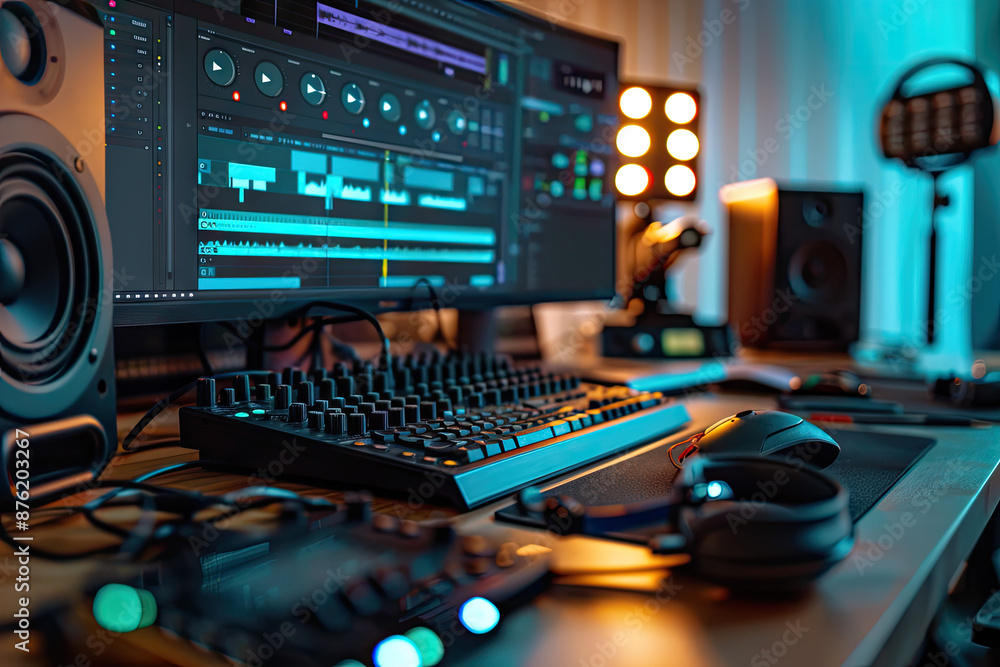 a sound studio with a sound board and sound equipment a sound studio with a sound board and sound equipment