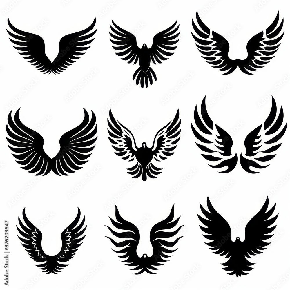 Wings flat icon, angel wings emblem, bird feathers minimal silhouette, pigeon sign, spirituality symbol Wings flat icon, angel wings emblem, bird feathers minimal silhouette, pigeon sign, spirituality symbol