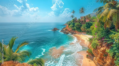 tropical coastline cliff,palm trees in varkala kerala india.stock image
