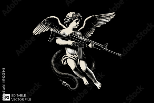 Vintage Cupid angle illustration design ideas black and white vector