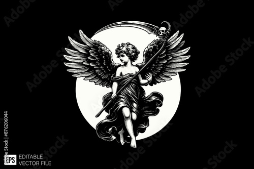 Vintage Cupid angle illustration design ideas black and white vector