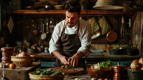 A seasoned chef prepares a meal in a rustic kitchen, surrounded by fresh ingredients and culinary tools. AIG58 photo