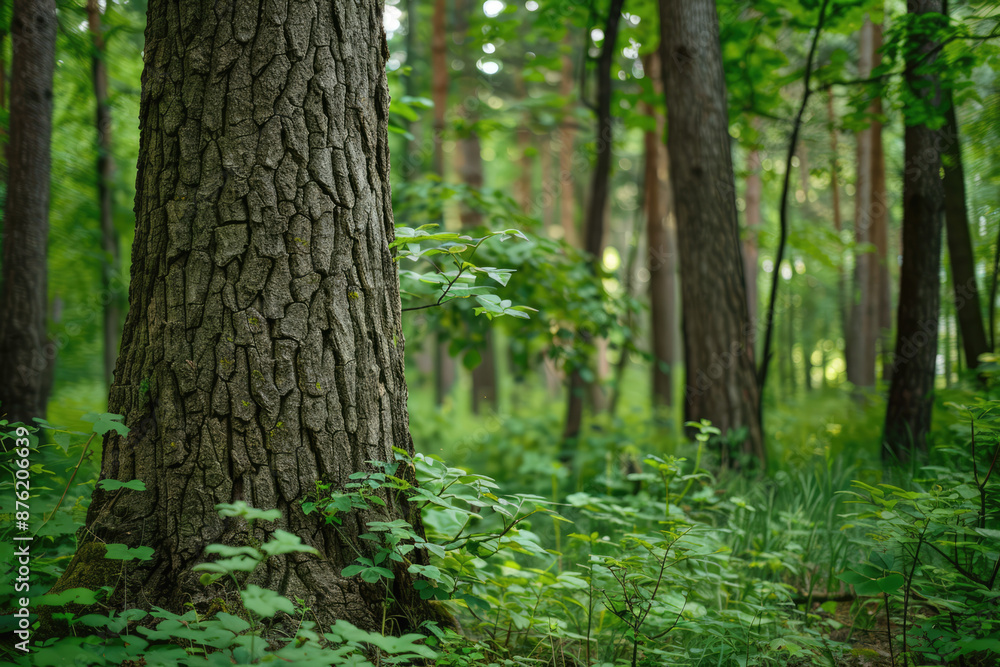 a tree trunk in a forest with a tree in the background. a tree trunk in a forest with a tree in the background.
