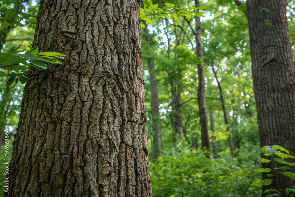 Obraz premium a tree trunk in a forest with a tree in the background.