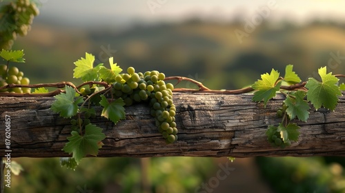 Grapevine with lush green grapes growing on a wooden trellis in a picturesque vineyard during a sunny day.