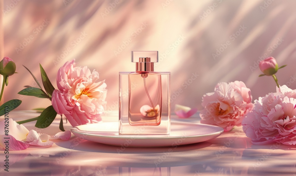 Elegant perfume bottle on ceramic plate, pastel background Elegant perfume bottle on ceramic plate, pastel background
