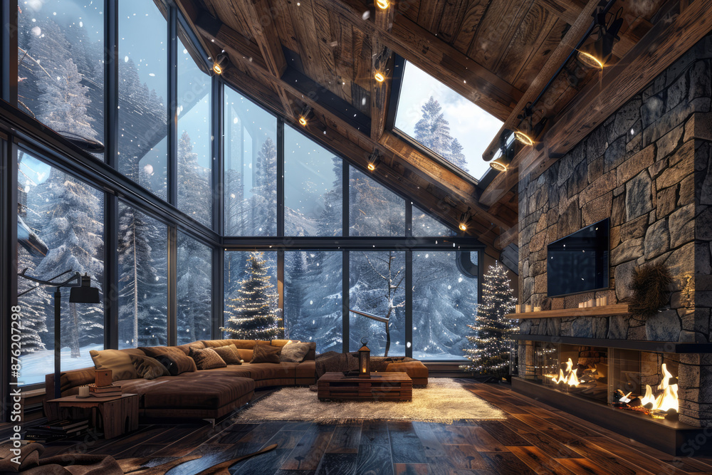 Fototapeta premium a room with a fireplace and a fireplace with a snow covered forest in the background.