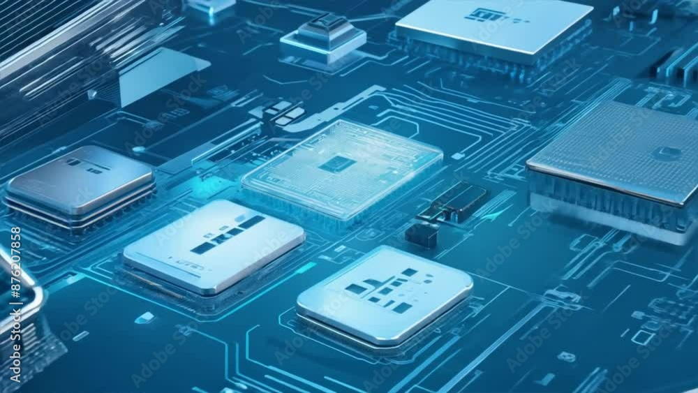 A blue electronic circuit board with a processor at its center A blue electronic circuit board with a processor at its center