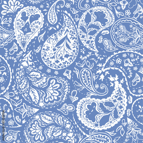 Two tone, hand drawn paisley seamless repeat pattern. Random placed, vector arabic elements aop, all over surface print on light blue background.