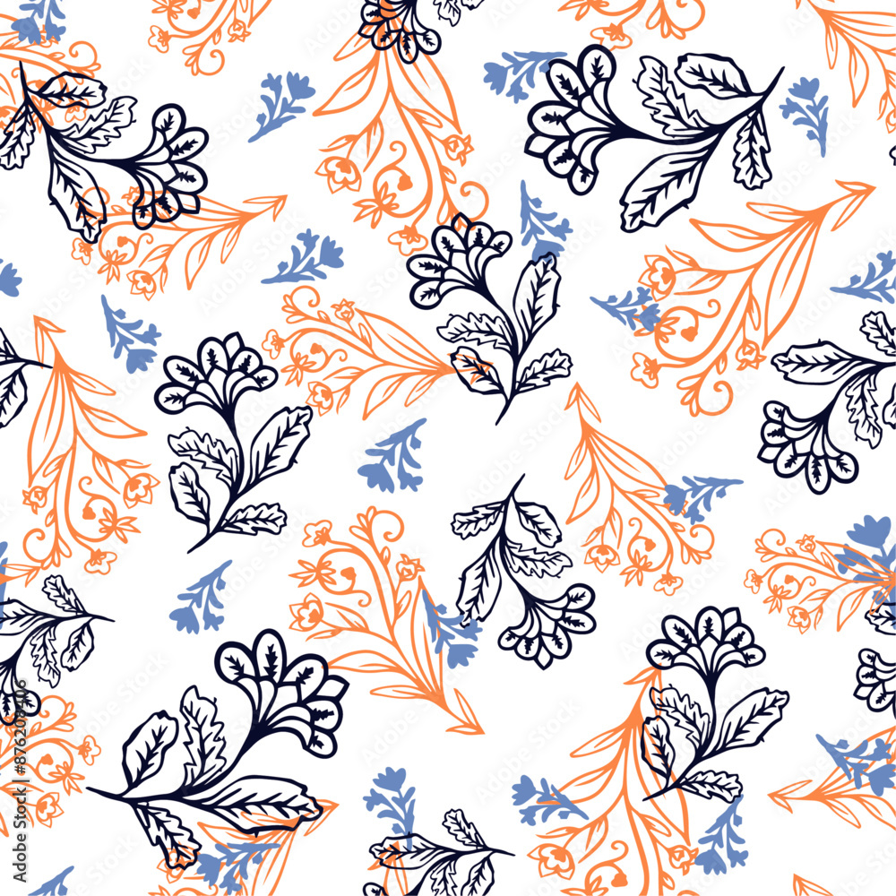 Oriental flowers with leaves seamless repeat pattern. Random placed, vector botanical aop all over surface print on white background. Oriental flowers with leaves seamless repeat pattern. Random placed, vector botanical aop all over surface print on white background.