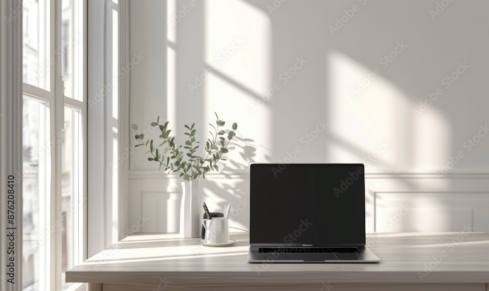 Home office desk, sleek laptop on wooden surface Home office desk, sleek laptop on wooden surface