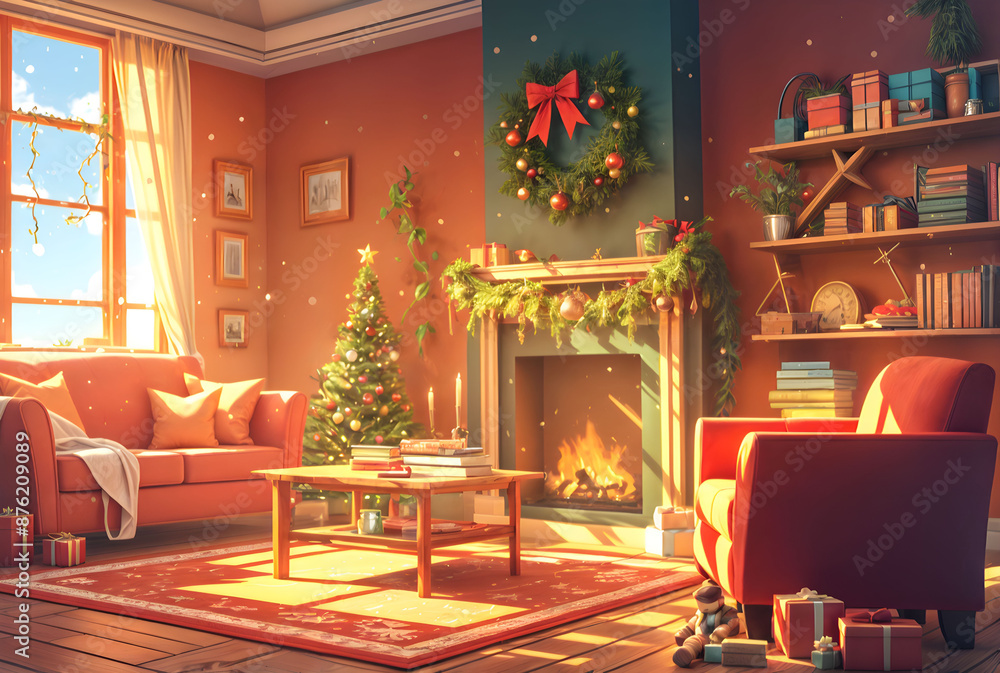 Cozy Christmas living room with fireplace, tree and wreath, cartoon illustration. Cozy Christmas living room with fireplace, tree and wreath, cartoon illustration.
