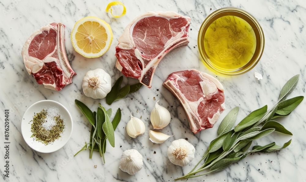 Meat ingredients on a marble countertop, raw steak, top view Meat ingredients on a marble countertop, raw steak, top view