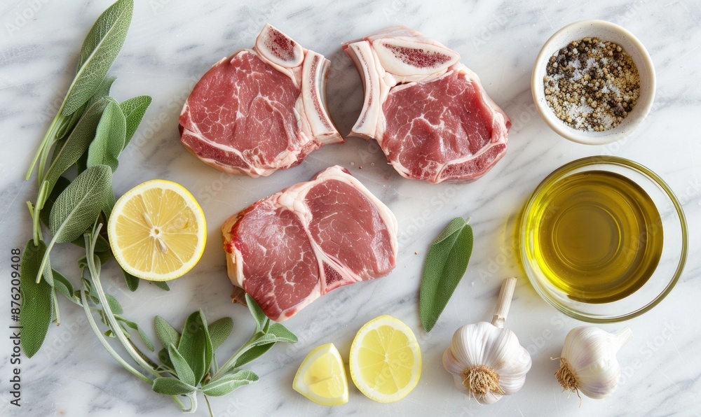 Meat ingredients on a marble countertop, raw steak, top view Meat ingredients on a marble countertop, raw steak, top view