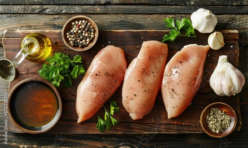 Meat ingredients on a wooden countertop, chicken breasts