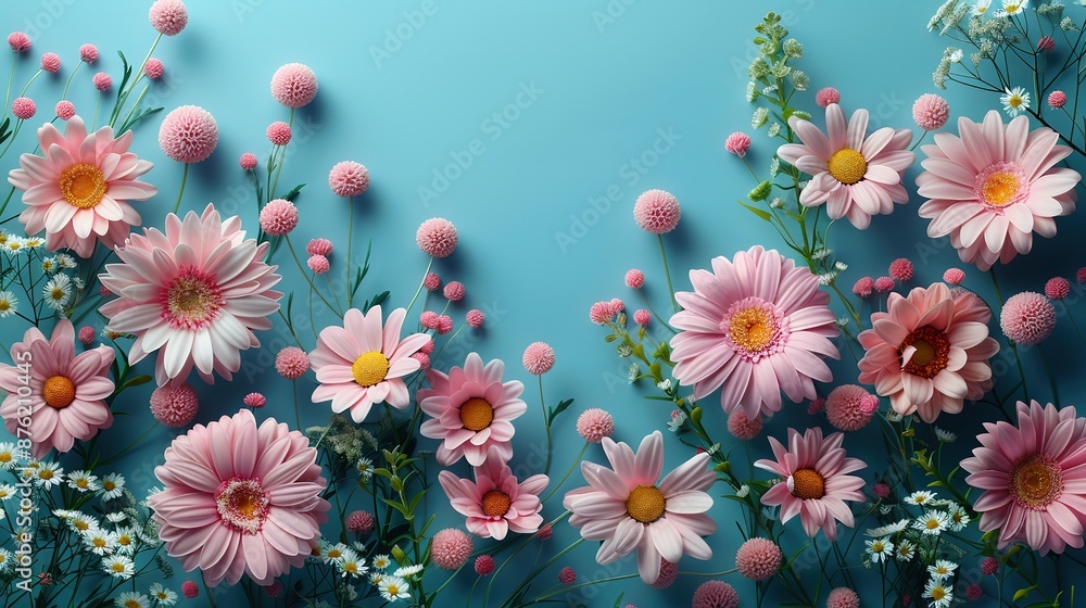 flowers decorative rabbits on a blue background flat lay top view copy space flowers decorative rabbits on a blue background flat lay top view copy space