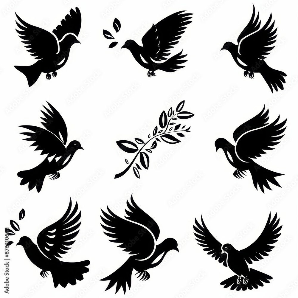 Peace dove graffiti, pigeons, twigs ink illustration. Flying birds silhouettes monochrome flat icons Peace dove graffiti, pigeons, twigs ink illustration. Flying birds silhouettes monochrome flat icons
