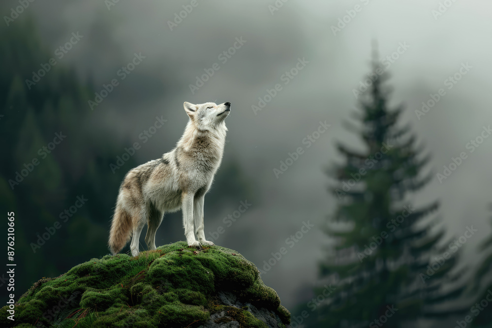 Wolf standing on a mossy rock in a foggy forest Wolf standing on a mossy rock in a foggy forest
